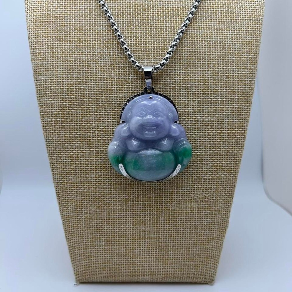 Green‎ & Lavender Jade Laughing Buddha Pendant Necklace w/ Chain